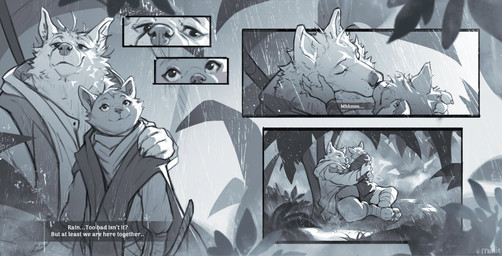 anthro biped clothed clothing dialogue dialogue_box duo eyes_closed french_kissing fur kissing male raining smile text munie canid canine felid feline mammal absurd_res comic english_text hi_res monochrome