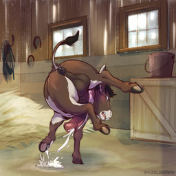 after_transformation animal_genitalia animal_penis anus backsack balls barn big_penis black_body black_fur blush bodily_fluids box bridle brown_body brown_fur bucket bucking buckteeth butt container crate cum cum_pool cumshot ejaculation equine_anus equine_genitalia equine_penis feral fur genital_fluids genitals hands-free hay hooves horseshoe inside male medial_ring penis perineum puffy_anus quadruped reality_shift rear_view solo teeth white_body white_fur window azeldraws asinus donkey equid equine mammal 1:1 hi_res