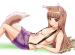 bottomwear breasts brown_hair clothed clothing female hair lying navel nipples_covered_by_strap on_back red_eyes simple_background skirt solo suspenders suspenders_on_nipples tail topless ueyama_michirou spice_and_wolf holo_(spice_and_wolf) animal_humanoid canid canid_humanoid canine canine_humanoid canis humanoid mammal mammal_humanoid wolf wolf_humanoid