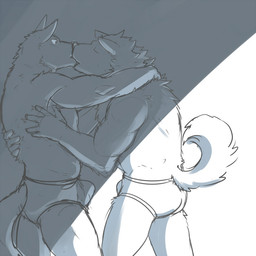 anthro bulge butt clothing duo eyes_closed hug humanoid_hands kissing male male/male simple_background underwear nissei_(artist) canid canine mammal 1:1 2015