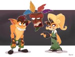 anthro clothing eye_contact female footwear fur group hair long_hair looking_at_another male mask shoes simple_background magaska19 activision crash_bandicoot_(series) aku_aku fake_coco trash_bandicoot animate_inanimate bandicoot living_clothing living_mask mammal marsupial 2021 signature