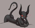 big_breasts black_body black_horn black_skin breasts butt female grey_background heart_symbol horn looking_at_viewer not_furry red_eyes seductive sharp_teeth simple_background smile solo teeth robertreaves the_binding_of_isaac_(series) the_dark_one demon humanoid