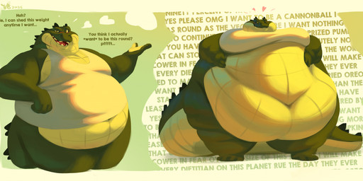 anthro belly big_belly blush bottomless clothed clothing dialogue dishonesty fantasizing gradient_background green_background green_body green_scales huge_belly hyper hyper_belly looking_at_viewer male moobs morbidly_obese morbidly_obese_anthro morbidly_obese_male mostly_nude mostly_nude_anthro mostly_nude_male navel obese obese_anthro obese_male open_mouth open_smile overweight overweight_anthro overweight_male raised_clothing raised_shirt raised_tank_top raised_topwear scales shirt shirt_only simple_background smile solo tail talking_to_viewer tank_top tank_top_only text thick_tail topwear topwear_only wall_of_text white_clothing white_shirt white_tank_top white_topwear fattydragonite cam_(growinlikegator) alligator alligatorid crocodilian reptile scalie 2025 absurd_res english_description english_text hi_res