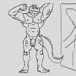 abs anthro balls biceps blush casual_nudity feet foreskin genitals humanoid_genitalia humanoid_hands humanoid_penis male muscular muscular_anthro muscular_male navel nipples nude penis scales solo toes genericboxhead crocodile crocodilian crocodylid reptile scalie 1:1 hi_res monochrome