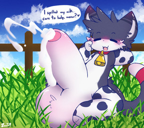 accessory anthro arm_warmers armwear balls bell bell_collar big_balls big_penis black_body black_fur blush bodily_fluids clothing collar cum cum_drip cum_on_penis cumshot dialogue dripping ejaculation eyes_closed facial_tuft fangs femboy foreskin fur furgonomics genital_fluids genital_focus genitals hand_behind_head happy heart_symbol huge_balls huge_penis hyper hyper_balls hyper_genitalia hyper_penis leaking_cum leg_warmers legwear male nude nude_anthro nude_male open_mouth open_smile pattern_armwear pattern_clothing pattern_legwear penis penis_focus presenting presenting_balls presenting_penis sitting small_but_hung smile solo speech_bubble tail tail_accessory teeth text tuft white_body white_fur zaaru zaku_(zaaru) domestic_cat felid feline felis mammal hi_res
