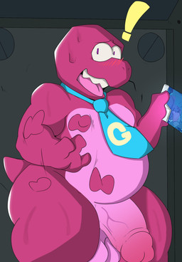 accessory anthro balls belly big_penis biped blush exclamation_point genitals glans humanoid_genitalia humanoid_penis male necktie open_mouth overweight overweight_male penis pink_body solo standing tablet_computer swellersilver gameoverse glitch_productions gobbles_(gameoverse) dinosaur prehistoric_species reptile scalie 2026 hi_res