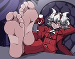 5_toes barefoot clothing container cup drinking_glass feet female foot_focus glass glass_container glass_cup horn humanoid_feet not_furry open_mouth plantigrade red_eyes smile soles solo toes wine_glass mostlyfunstuff helltaker beelzebub_(helltaker) demon demon_humanoid horned_humanoid humanoid absurd_res hi_res