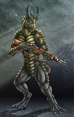 2_horns 3_toes 4_fingers abstract_background amputated_tail anthro cautious claws digitigrade featureless_crotch feet finger_claws fingers glowing glowing_scar gun head_markings holding_gun holding_object holding_ranged_weapon holding_rifle holding_weapon horn leg_scar long_neck m1_garand male male_anthro markings muscular muscular_male neck_spikes pronounced_browridge pupils raining ranged_weapon rifle rifle_sling scales scar shadow shoulder_scar slit_pupils text thigh_scar toes trigger_discipline ventral_scales wary weapon yellow_eyes dqueen european_mythology mythology thal_verscholen dragon mythological_creature mythological_scalie scalie western_dragon wingless_dragon 2014 artist_name character_name english_description hi_res