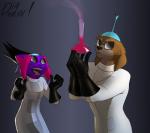 alternate_species anthro anthrofied clothed clothing coat duo ear_piercing eyewear female fur furrification gloves gradient_background grey_background hair handwear lab_coat male open_mouth parody piercing potion simple_background smile standing topwear diadorin disney the_emperor's_new_groove kronk nugget_(diadorin) yzma canid canine canis domestic_dog felid mammal lol_comments