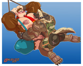 anthro anus arm_scar armband arms_tied aroused aroused_by_another aroused_face aroused_male aroused_smile barazoku barefoot bdsm biceps big_butt big_muscles big_pecs black_body black_collar black_fur blue_background blue_bottomwear blue_clothing blue_overalls blue_pants blush blush_lines bondage border bottomwear bound bracelet brown_body brown_fur butt butt_scar camo camo_bottomwear camo_clothing camo_print camo_topwear chest_lick claws clothed clothed_anthro clothed_male clothed_sex clothing cocky cocky_grin collar dominant dominant_anthro dominant_male domination/submission duo erection feet from_front_position fur genitals grabbing_another grabbing_partner grabbing_sides green_clothing grin grinning_at_partner hand_feet hands_on_sides holding_another holding_partner holding_side imminent_anal imminent_penetration imminent_sex jewelry larger_anthro larger_male larger_sub licking licking_pecs looking_pleasured lying lying_on_ground male male/male manly missionary_position multicolored_body multicolored_fur muscular muscular_anthro muscular_arms muscular_male muscular_thighs necktie nipple_fetish nipple_lick nipple_play nipples on_back on_ground overalls pants pattern_bottomwear pattern_clothing pattern_topwear pawpads pec_fetish pec_play pecs penis raised_arms rear_view red_clothing red_necktie restraints rope rope_bondage scar sex simple_background size_difference smaller_anthro smaller_male smile smirk smirking_at_another smirking_at_partner smirking_dom spiked_armband spiked_bracelet spiked_collar spikes spread_legs spreading submissive submissive_anthro submissive_male suspenders tail thick_arms thick_thighs tongue tongue_out topwear tough_guy two_tone_body two_tone_fur two_toned_body white_border wrestling_singlet wristband okrizo831 donkey_kong_(series) nintendo donkey_kong_(character) ape gorilla gulonine haplorhine mammal mustelid musteline primate wolverine hi_res