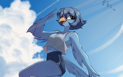 anthro bangs beak blue_body blue_hair bottomwear breasts clothing cloud cloudy_sky day detailed_background dolphin_shorts eyelashes female fingers hair hotpants looking_up medium_breasts minishorts non-mammal_breasts open_beak open_mouth outside shirt short_hair shorts sky smile solo tongue topwear glitter_galaxia undertale undertale_(series) undertale_yellow martlet_(undertale_yellow) avian bird 2026 colored digital_drawing_(artwork) digital_media_(artwork) hi_res shaded