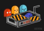 ambiguous_gender black_background eyes_closed female group male not_furry open_mouth simple_background symbol-shaped_eyes text unusual_eyes x_eyes naolito bandai_namco ghostbusters pac-man_(series) blinky_(pac-man) clyde_(pac-man) inky_(pac-man) pinky_(pac-man) ghost spirit crossover english_text