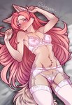 anthro bed_sheet bedding blush breasts clothing female freckles garter_belt garter_straps hair legwear lingerie lingerie_panties long_hair nipple_outline nipples pose shy solo stockings thigh_highs translucent translucent_clothing conditional_dnp giahryan canid canine fox mammal 2024