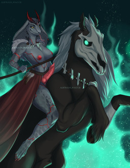 accessory anthro areola bone breasts claws fantasy fire forked_tongue genitals grey_body herm horn horseman intersex knot knotted_penis nipples penis red_claws red_horn red_nipples scales solo tongue yellow_eyes albtraumwach silvia equid equine horse mammal reptile scalie snake absurd_res hi_res