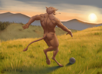 action_pose anthro ball biped butt casual_nudity cloven_hooves day detailed_background grass hair hooves jewelry male male_anthro mouth_closed muscular muscular_anthro muscular_male necklace nude nude_anthro nude_male nudist outdoor_nudity outside plant pose rear_view short_hair soccer_ball solo sun tail tail_tuft three-quarter_view tuft unguligrade aduran bovid bovine cattle mammal absurd_res digital_media_(artwork) digital_painting_(artwork) hi_res painting_(artwork) shaded soft_shading