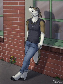 alley anthro athletic athletic_anthro athletic_male blue_eyes bottomwear brick_wall claws clothing crossed_legs dandelion denim denim_bottomwear denim_clothing digitigrade ears_down flower footprint frown grass jeans jewelry leaning_on_wall looking_up male necklace outside pants pawpads pawprint pivoted_ears plant raining sad shadow shirt solo tank_top toe_claws topwear vase wall_(structure) wet wet_clothing window gaikotsu canid canine canis mammal wolf 2023 hi_res signature