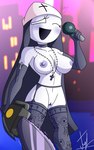 breasts chainsaw choker clothed clothing cross cross_necklace detailed_background electronics female genitals gloves handwear hat headgear headwear jewelry lingerie microphone narrowed_eyes necklace not_furry nun partially_clothed power_tool pussy solo tools lechugansfw friday_night_funkin' fan_character taki_(fever_town) humanoid mammal hi_res