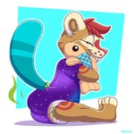anthro baby beaver_tail blue_tail brown_body brown_fur buckteeth clothing content_smile diaper diaper_bulge exposed_diaper eyes_closed fur hair happy holding_object holding_plushie hug hugging_object hugging_plushie male markings onesie plushie red_hair red_markings sitting soiled_diaper solo stink_fumes tail teeth unclean_diaper used_diaper young rexam-1 kvikk_(littlekvikk) beaver mammal rodent 1:1