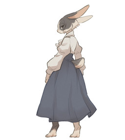 anthro barefoot black_sclera blue_clothing bottomwear brown_body brown_fur circle_eyebrows clothing ears_back eyebrows feet female fur hair long_skirt long_sleeves looking_at_viewer looking_back looking_back_at_viewer multicolored_body multicolored_fur pivoted_ears rabbit_ears rear_view scut_tail shirt short_hair short_tail skirt solo standing tail topwear white_body white_clothing white_fur white_shirt white_topwear tateoftot lagomorph leporid mammal rabbit hi_res