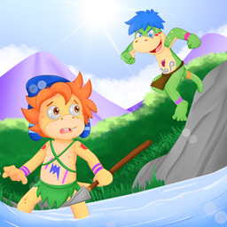 anthro bodypaint bottomwear clothing duo fishing hat headgear headwear jumping loincloth male markings melee_weapon polearm river spear toony tribal tribal_markings weapon young k_vicko dino_aventuras danonino dino_(danonino) lip_(dino_aventuras) dinosaur prehistoric_species reptile scalie 1:1 absurd_res hi_res