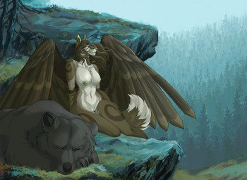 anthro back_wings blinking branch breathing brown_body brown_fur brown_hair dominick feathered_wings feathers female feral fluffy fluffy_tail foggy_background forest forest_background fur genitals grass green_eyes green_nipples hair multicolored_body multicolored_fur nature nature_background nipples nude nude_anthro nude_female plant rock solo striped_body stripes tail tree vulva wind wings albtraumwach mythology bear canid canine canis dragon familiar hybrid mammal mythological_creature mythological_scalie scalie wolf 2d_animation animated