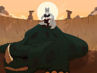 4_toes aftermath anthro blood bodily_fluids breasts bruised claws clothing crater desert detailed_background duo feet female feral fight fluffy fluffy_tail fur green_body green_scales grey_body grey_fur horn looking_at_viewer muscular muscular_female orange_eyes scales scratches sitting sitting_on_another sky smile solo sunset tail tattoo toes white_body white_fur novah_ikaro mythology ruka_fengris canid canine canis dragon mammal mythological_creature mythological_scalie scalie wingless_dragon wolf 4:3 absurd_res digital_media_(artwork) hi_res shaded
