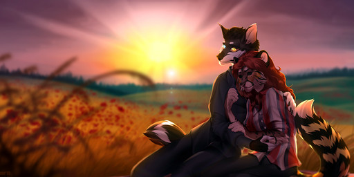 anthro black_hair black_nose brown_hair clothed clothing detailed_background duo female hair male red_hair romantic romantic_ambiance romantic_couple sky sun yellow_eyes kyander canid canine canis domestic_cat domestic_dog felid feline felis mammal 2015