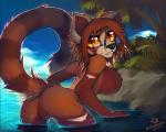 anthro big_breasts breasts eyewear featureless_breasts featureless_crotch female glasses legs_in_water looking_at_viewer looking_back nude partially_submerged smile solo standing standing_in_water submerged_legs macmegagerc arleana ailurid mammal red_panda 5:4