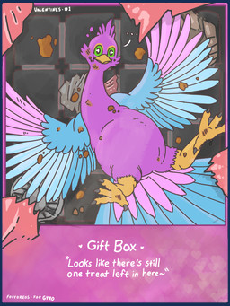 avian_feet beak biped blue_body candy chocolate dessert feathered_crest feathered_wings feathers feral food green_eyes head_crest male messy pink_body tail tail_feathers text wings conditional_dnp foxyoreos gyro_feather avian bird galliform peafowl phasianid english_text hi_res