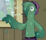 bottomwear celestebutterfly clothing comic denim denim_bottomwear denim_clothing dialogue disney english_text goo_creature goo_humanoid green_body greeting humanoid jeans male not_furry pants slime_(svtfoe) solo star_vs._the_forces_of_evil text