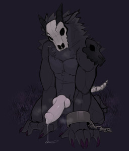animal_genitalia animal_penis anthro balls black_body black_fur black_grass black_sclera bodily_fluids bone bound breath canine_genitalia canine_penis chain chained claws cuff_(restraint) dripping fur genital_fluids genitals glistening glistening_genitalia glistening_penis grass horn kneeling knot looking_at_viewer male musk musky_penis outside penis plant precum precum_drip pupils restraints skull skull_head solo white_penis white_pupils coffaebeans born_in_chaos microsoft minecraft mojang xbox_game_studios monster nightmare_stalker_(minecraft) hi_res