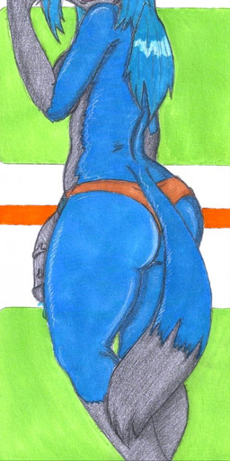 anthro butt butt_focus clothing facial_scar fur genitals gloves_(marking) hair herm holding_object holding_weapon intersex looking_at_viewer markings multicolored_body multicolored_fur penis rear_view scar simple_background solo tail thong underwear vein veiny_penis weapon slipe jangothebluefox hi_res traditional_media_(artwork)