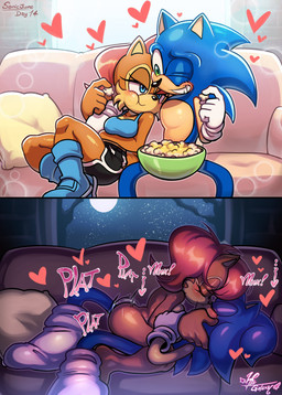 ambiguous_penetration anthro black_bottomwear black_clothing black_nose black_shorts blue_body blue_boots blue_clothing blue_eyes blue_footwear blue_fur blue_topwear boots bottomwear breasts brown_body brown_fur brown_hair butt cheek_tuft clothing duo eating eating_food eating_popcorn eyelashes eyes_closed facial_tuft female food footwear front_view fur furniture gloves green_eyes hair handwear heart_symbol kissing male male/female on_sofa one_eye_closed penetration popcorn sex shoes shorts side_view socks sofa tan_body tan_fur thick_thighs topwear tuft white_clothing white_footwear white_gloves white_handwear white_socks wide_hips halfgalaxy sega sonic_the_hedgehog_(series) sally_acorn sonic_the_hedgehog chipmunk eulipotyphlan ground_squirrel hedgehog mammal rodent sciurid absurd_res hi_res