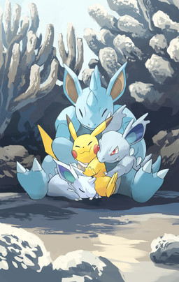 ambiguous_gender anthro blue_body buckteeth claws eyes_closed fangs feral group hug lying male on_front red_eyes sitting spikes spikes_(anatomy) tail teeth whiskers yellow_body hakkentai_pkdn nintendo pokemon generation_1_pokemon nidoqueen nidoran nidoran♀ nidorina pikachu pokemon_(species) 2025 hi_res female_(lore)
