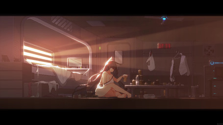 alcohol bed beer beverage beverage_can big_breasts black_ears black_hair black_tail bottle breasts breathing can cat_tail ceiling_fan clock clothed clothes_hanger clothes_on_floor clothing container detailed_background digital_clock door drinking drunk ear_twitch electric_fan electronics enjoying evening feet female furniture hair holding_can holding_container holding_object hung_clothing inside light light_beam long_hair looking_at_viewer messy_room monitor off_shoulder panties pantsless panty_shot red_hairband removed_clothing shirt solo substance_intoxication sunbeam sunlight table tail text thick_thighs topwear trash_can underwear ventilation white_clothing white_shirt white_topwear aduare arknights hypergryph studio_montagne blaze_(arknights) animal_humanoid felid felid_humanoid feline feline_humanoid humanoid mammal mammal_humanoid animated artist_name character_name digital_media_(artwork) lighting no_sound pixel_(artwork) pixel_animation short_playtime