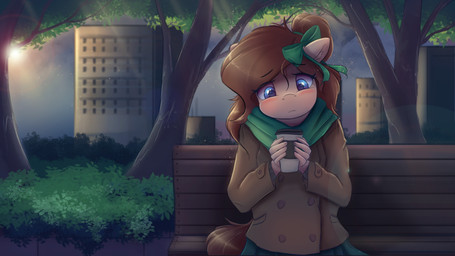 anthro anthrofied blue_eyes clothing coffee_cup container cup female plant sad sitting solo sun tree ardail hasbro my_little_pony fan_character mocha_latte_(ardail) equid equine horse mammal pony absurd_res hi_res huge_filesize