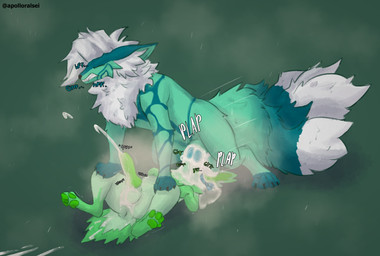 after_orgasm animal_genitalia animal_penis anus balls bodily_fluids body_hair canine_genitalia canine_penis cum cum_in_mouth cum_inside cum_on_ground digitigrade duo ejaculation excessive_cum excessive_genital_fluids eyes_closed fangs feral fluffy fluffy_balls fluffy_chest fur genital_fluids genitals glurk green_body green_fur green_penis growling hair hairy_balls kerchief knot knotted_penis lying male male/male markings motion_lines multi_tail musk obscured_eyes obscured_face on_back oral oral_penetration pawpads paws penetration penis plap simple_background spread_legs spreading tail teeth thrusting tuft white_hair white_tuft apolloralsei keele saeunn canid canine fox mammal 2026 absurd_res hi_res