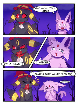 angry anthro clothing dialogue duo female female/female hat headgear headwear holidays plant text tree fizzyibui halloween nintendo pokemon eeveelution espeon generation_2_pokemon pokemon_(species) umbreon comic english_text hi_res