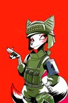 ammo_pouch anthro armor ballistic_vest black_nose body_armor bottomwear bullet cigarette clothed clothed_anthro clothed_female clothing eye_markings eyeliner female female_anthro fingerless_gloves fur furgonomic_headwear furgonomics gloves green_bottomwear green_clothing green_helmet green_topwear handwear holding_cigarette holding_object magazine_(gun) magazine_pouch makeup markings military military_helmet military_uniform plate_armor pupils red_background red_eyes red_pupils simple_background soldier solo standing topwear uniform warrior white_body white_fur gatonejo canid canine fox mammal 2025 absurd_res hi_res