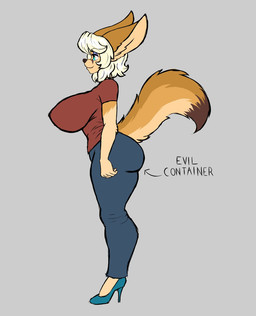 anthro big_breasts big_butt big_ears blonde_hair blue_eyes boots bottomwear breasts butt clothed clothed_anthro clothed_female clothing directional_arrow ears_up eyebrows eyelashes female female_anthro footwear fully_clothed fully_clothed_anthro fully_clothed_female fur hair high_heels huge_breasts orange_body orange_fur pants shirt shoes side_view solo tail text topwear chisheq evil_container sandra_(chisheq) canid canine fennec_fox fox mammal true_fox 2025 digital_drawing_(artwork) digital_media_(artwork) hi_res meme