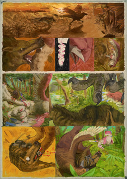 anthro beak biped blood blood_drip bodily_fluids brown_body brown_fur claws comic_panel crying day detailed_background digitigrade dripping drooling duo feathers feet feral forest front_view fur high-angle_view logo long_tail low-angle_view male male_anthro male_feral nude outside page_number pain panel_interaction paneling pink_body pink_feathers plant quadruped saliva side_view simple_background sun sunrise tail talons teardrop tears text three-quarter_view toes tongue tongue_out tree tuft unknown_year wings hdyly deiny_(deiny) dragoina_the_lovebird avian bird deinonychus dinosaur dromaeosaurid prehistoric_species reptile saurischian scalie theropod absurd_res artist_logo artist_name comic digital_media_(artwork) digital_painting_(artwork) english_text hi_res lineless multiple_scenes painting_(artwork) shaded signature male_(lore)