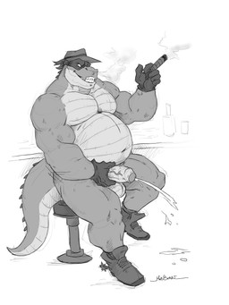 anthro balls barazoku beer_belly belly biceps big_belly big_muscles big_pecs black_boots black_clothing black_footwear black_gloves black_handwear black_mask bodily_fluids boots cigar cigar_smoke clothing cocky cocky_grin cowboy cowboy_boots cowboy_hat cowboy_outfit criminal cum cum_on_ground cum_pool cumshot ejaculation erection fangs fangs_bared flirting flirting_look flirting_with_viewer fondling_penis footwear foreskin genital_fluids genitals gloves grabbing_own_penis grin grinning_at_viewer grope hand_on_penis handwear hat headgear headwear holding_cigar holding_object holding_penis humanoid_genitalia humanoid_penis looking_at_viewer looking_pleasured male manly mask masked_male masturbation mostly_nude musclegut muscular muscular_anthro muscular_arms muscular_male muscular_thighs narrowed_eyes offering_sex offering_to_viewer old_west orgasm outlaw pecs penile penile_masturbation penis pose presenting presenting_body presenting_penis robber rubbing_penis saloon seducing_viewer seductive self_grope shoes showing_off_muscles simple_background sitting sitting_on_stool smile smiling_at_viewer smirk smirking_at_viewer smoke smoke_from_nose smoking smoking_cigar solo spurs stroking_penis taunting teeth thick_arms thick_thighs thief thief_outfit thug tough_guy vein veiny_penis wearing_mask white_background wild_west madboart trigger_(wordcaster) alligator alligatorid crocodilian reptile scalie 3:4 black_and_white hi_res monochrome