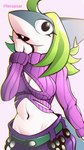 anthro black_eyes breasts clothing cosplay dorsal_fin embarrassed female fin green_hair hair multicolored_body open_mouth sharp_teeth simple_background solo standing sweater teeth topwear plecopsar jojo's_bizarre_adventure roji_(cat_pepper) vinegar_doppio fish marine shark 9:16 absurd_res hi_res shaded