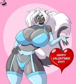 anthro breasts digit_ring female finger_ring fur garter_straps green_eyes grey_body hand_on_hip jewelry lipstick looking_at_viewer makeup multicolored_body multicolored_fur solo two_tone_body two_tone_fur chrisandcompany kelsey_sienna mammal mephitid skunk hi_res
