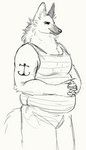 anthro bottomwear clothed clothing hands_together male musclegut muscular pants pattern_clothing sailor shirt slightly_chubby slightly_chubby_anthro slightly_chubby_male smile solo standing striped_clothing stripes tank_top tattoo topwear cettus canid canine canis mammal maned_wolf wolf 2020 sketch