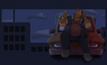 anthro belly bottomwear brown_body brown_fur car clothing fur humanoid_hands male motor_vehicle outside overweight overweight_male pants shirt sitting solo toony_car topwear vehicle dippubear crew_(dippubear) hyena mammal 2021 hi_res