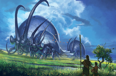 ambiguous_gender cloud day detailed_background extreme_size_difference female feral grass group holding_object holding_staff horn machine macro metallic_body outside plant river size_difference staff tree walking young young_human guido_kuip numenera arthropod human insect mammal robot hi_res official_art