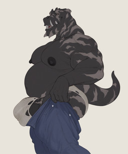 anthro balls big_balls big_butt big_muscles big_pecs black_body bottomwear butt clothed clothing clothing_pull genitals looking_at_viewer male musclegut muscular muscular_male one_eye_closed open_mouth pants pecs side_view simple_background solo stripes tight_clothing torn_clothing underwear vein wink repzzmonster cyrus_(repzzmonster) dinosaur prehistoric_species reptile scalie absurd_res colored hi_res