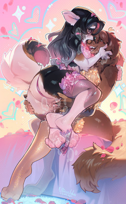 5_fingers anthro bed blush bodily_fluids breasts breath butt claws clothing curled_tail duo eye_contact fangs female female/female fingering fingering_partner fingers furniture genital_fluids genitals hair legwear long_hair looking_at_another looking_pleasured musk musky_vulva on_bed open_mouth pawpads paws sex shaking sitting size_difference stockings tail teeth tongue tongue_out vaginal vaginal_fingering vaginal_fluids vulva ulitochka canid canine canis domestic_dog mammal 2026 absurd_res colored dated digital_drawing_(artwork) digital_media_(artwork) hi_res shaded