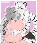 accessory anthro black_spots black_stripes breasts clothing cuddling duo female female/female fingers fur grey_body grey_fur grey_hair grey_spots hair hair_accessory hair_ribbon long_tail pajamas pink_nose ribbons spots stripes tail white_body white_fur white_hair kitsunewaffles-chan lily_(sakuradlyall) melody_(sakuradlyall) felid mammal pantherine snow_leopard tiger 2020 dated digital_media_(artwork) hi_res shaded